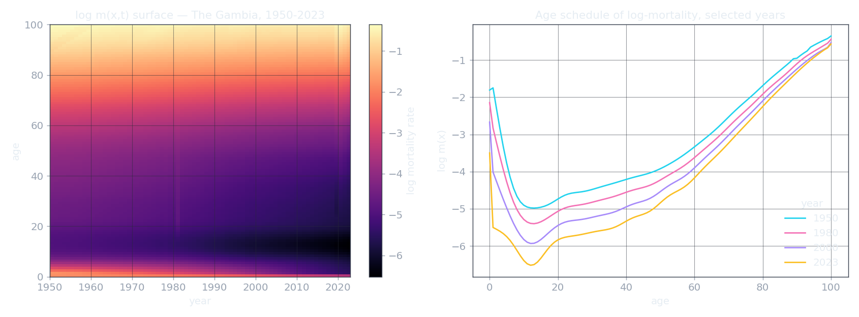 Heatmap of mortality by age and year, with age curves for selected years